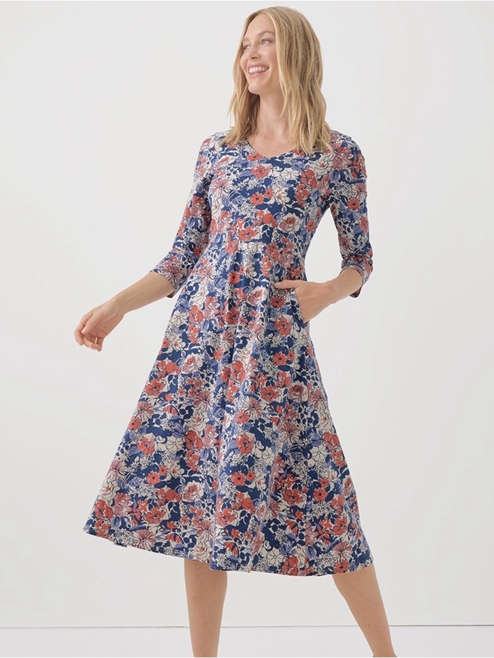 Pact Navy and Coral Floral V‑Neck Midi Dress